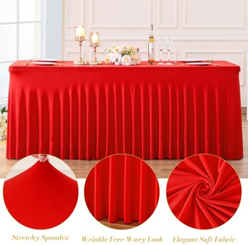 gogoparti 4 Pack Spandex Red Fitted Table Cloth for 6ft Rectangle Tables Red Stretch Tablecloth Table Covers Skirt Banquet Wrinkle Free Tablecloths for Parties Wedding - Image 6