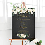 Personalized White Gold Floral Wedding Welcome Sign, Customized Ivory Flowers with Black Chalkboard Background Rehearsal Dinner Couples Shower Anniversary Party Welcome Poster Board Canvas by BlissfulMelodyDesign