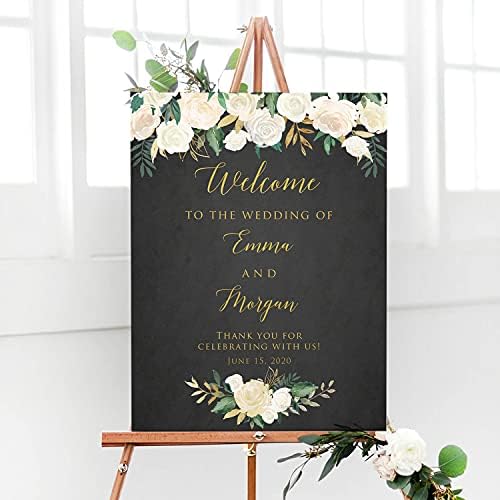 Personalized White Gold Floral Wedding Welcome Sign, Customized Ivory Flowers with Black Chalkboard Background Rehearsal Dinner Couples Shower Anniversary Party Welcome Poster Board Canvas by BlissfulMelodyDesign