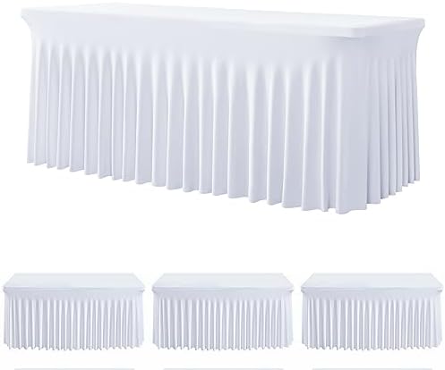 White Spandex Tablecloth for 6 Foot Rectangle Tables, 3Pack Stretch Table Cloths 6ft Fitted Table Cover Desk Skirt for Parties Weddings Birthday Banquet Baby Shower by Htper