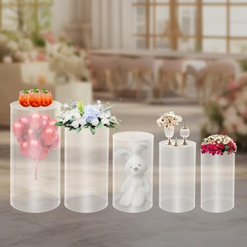 5PCS Clear Acrylic Cylinder Pedestal Stands 19.7''+21.6''+23.6''+29.5''+35.4'' Tall Round Display Pedestal Decor Background Dessert Table Pillars for Party Birthday Wedding Props Baby Shower Event Decoration - Image 6