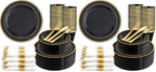 350 Pieces Black and Gold Plastic Plates with Disposable Silverware, Include 50 Dinner Plates 9”, 50 Dessert Plates 6.3”, 50 Black Cups 9 OZ, 50 Pre Rolled Napkins for New Year (Pack of 2) by WDF