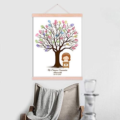 Fingerprint Tree Guest Book Baby Shower Girls Communion Gift DIY Thumbprint Sign-in Book for Guests Creative Canvas Painting with Wooden Hanger Party Decorations-60x80cm - Image 4