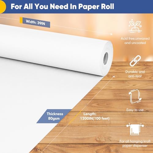Vanhench White Wrapping Paper Roll 39"×1200" (100FT), Bulletin Board Paper, Arts & Crafts, Bouquet Flower Paper, Painting Drawing Paint Easel Poster Chart Paper, Classroom Art Supplies 70GSM 50LB - Image 2