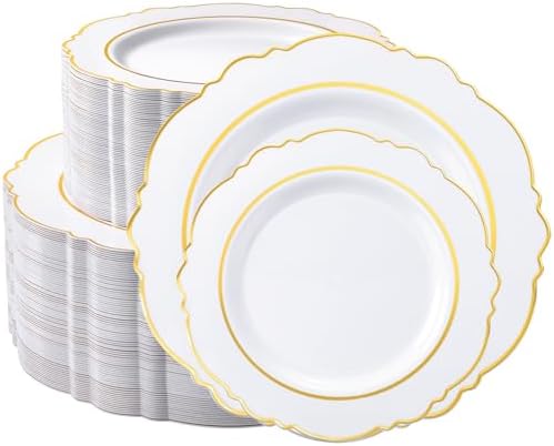 realluck 150PCS Plastic Plates with Gold Trim, Elegant Disposable Plates by Realluck