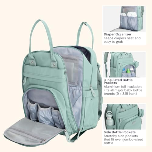 BabbleRoo Diaper Bag Backpack - Baby Essentials Travel Bag - Multi Function Water Resistant Diaper Bag, Travel Essentials Baby Bag with Changing Pad, Stroller Straps & Pacifier Case – Sage Green - Image 5