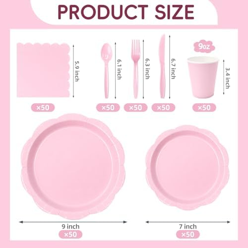 350 Pcs Pink Decagonal Paper Plates and Napkins Set, Disposable Party Supplies for 50 Guests Include 9" & 7" Scalloped Paper Plates, Cups, Napkins, Cutlerys for Baby Shower, Bridal Shower, Wedding - Image 5
