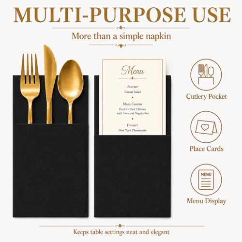 100 Pcs Black Napkins Disposable Linen Feel Dinner Paper Napkins with Built-in Flatware Pocket, Airlaid Paper Pre-Folded Napkins for Silverware Baby Shower Easter Wedding Birthday Party - Image 7