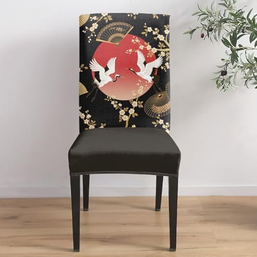 Cherry Blossom Dining Chair Covers Set of 2, Harmony Crane Red Moon Paper Fan Stretch Spandex Kitchen Chair Slipcovers Removable Washable, Parsons Protector for Wedding Party Living Room Baby Shower - Image 4