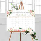 Guess The Arrival Date Baby Shower Game Sign, Custom Pink Gold Floral Due Day Calendar Sign by BlissfulMelodyDesign