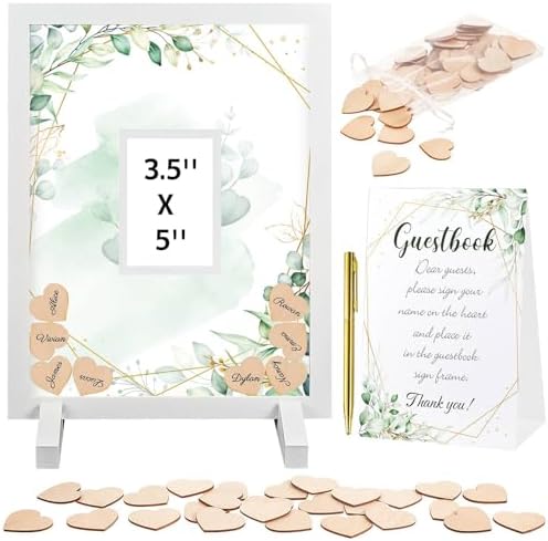 Kosiz Baby Shower Guest Book Frame, 60 Guests Wooden Hearts, Greenery by Kosiz