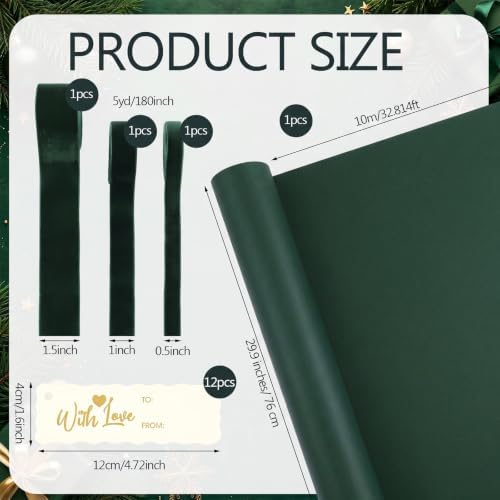 Matte Green Christmas Kraft Wrapping Paper 45 ft Velvet Ribbon 12 Gift Tags - Image 2