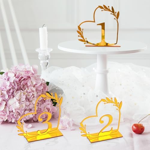 Wedding Table Numbers 1-20, Gold Heart Design with Leaf Detail, Freestanding Metal Table Decor - Image 7