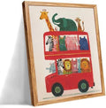 Framed Cute Colorful Animal Canvas Wall Art Modern Funny Kids Posters Safari Animals On Red Bus Scene Prints For Toddler Bedroom Nursery Wall Decor 16x20 inch by Medpol