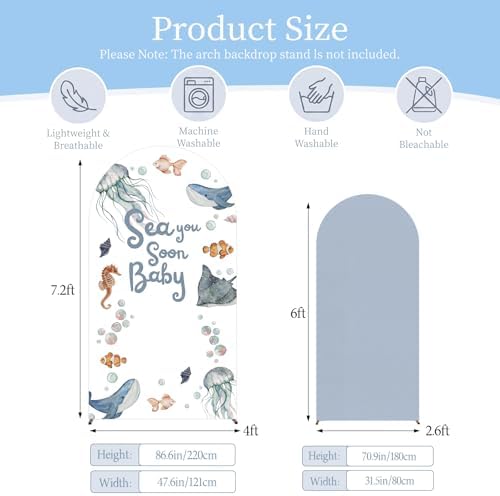 Moukeren Sea You Soon Baby Arch Backdrop Cover 6ft and 7.2ft for Ocean Animals Themed Baby Shower Party Gender Reveal Birthday Party Banquet Photo Arches Background Decorations - Image 2