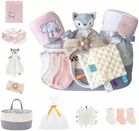 CREVENT Set for Girls -Diaper Caddy Organizer Basket with 2 Blankets, 1 Taggie, 1 Lovey, 3 Socks，1 Headband，1 Gift Bag with Ribbon - Newborn Essential Gift Set (Pink) by CREVENT