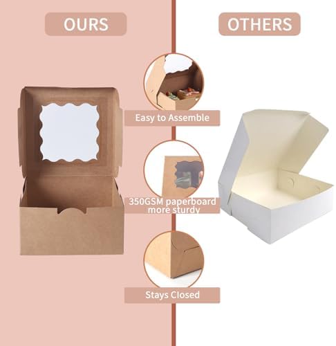 100 pcs 6x6x3 Inches Small Cake Box with Window, Bakery Pastry Cookie Boxes, Mini Pie container for Pastry,Dessert,Strawberries,Chocolates, Cupcakes with paper stickers (Brown) - Image 5