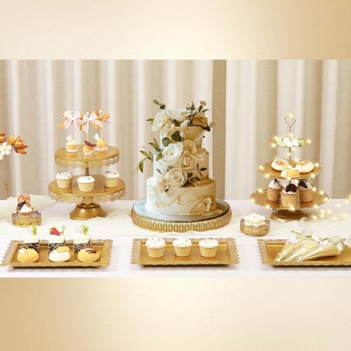 8Pcs Metal Cake Stand Set with 14 inch Round Cake Stand for Large Cakes, 2-Tier & 3-Tier Dessert Stands, Lace Edge Serving Trays – Display for Wedding, Birthday, Party(Gold) - Image 2