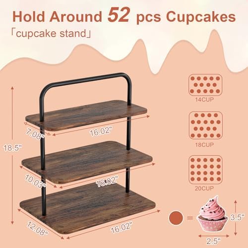 VyGrow Cupcake Stand, 3-Tier Dessert Stand for 52 Cupcakes, Wood & Metal Tower Display Premium Holder Dessert Tree Tower for Christmas Birthday Weddings Party Decor, Serving Tray, Wood Brown, 2-pack - Image 2