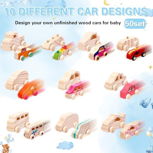 Hiboom 75 Pcs Baby Shower Wood DIY Print Car Set, Blue, Bear - Image 3