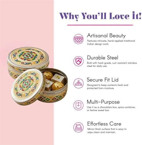 LOVENSPIRE Meenakari Stainless Steel Storage Box with Lid (500gm) Decorative Round Indian Food Container for Sweets, Kitchen Items & Return Gift Favors Pack of 12 - Image 2