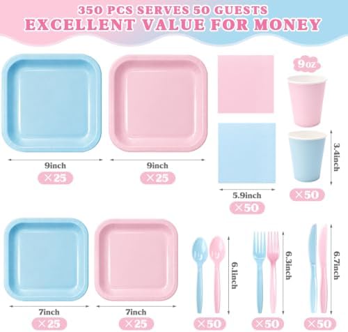 Vyntra 350 Pcs Pink & Blue Square Paper Plates and Napkins Set, Serves 50 - Image 2