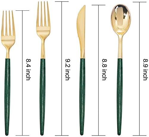 Supernal 180pcs Gold and Green Plastic Silverware Extra Heavy Duty Gold Plastic Cutlery with Green Glitter Handle Disposable Flatware for Parties, Weddings, and Outdoor Events - Image 2