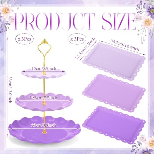 FoldTier 6 Pack Cupcake Stand Set 3 Pcs 3 Tier Gradient Dessert Table Display Stands Cookie Tray Rack 3 X14 in Rectangle Party Trays for Wedding Birthday Tea Party Baby Shower(Purple,Round) - Image 3