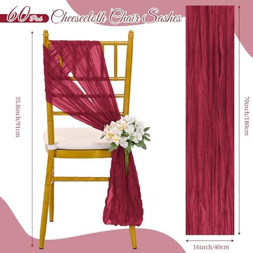 60 PCS Burgundy Chair Sashes Cheesecloth ChairSashes Rustic Chair Decorative Bows Designed ChairCover for Wedding Banquet Party Aisle Home Kitchen Decoration (16 x 70 inch) - Image 2