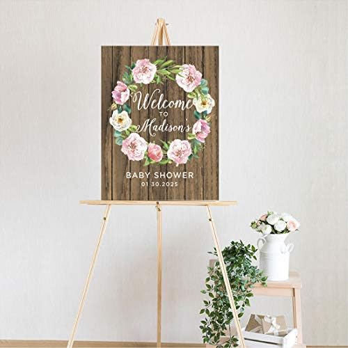 Andaz Press Custom Large Baby Shower Canvas Welcome Sign, 16 x 20 Inches, Rustic Wood Pastel Peonies Wreath, Guestbook Alternative, Personalized Sign Our Canvas, For Fall, Rustic, Boho, Baby Shower - Image 2
