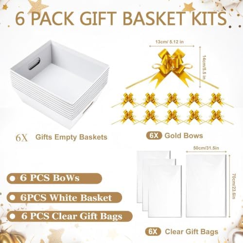 AFOROEOA 6 Pack White Gift Baskets Empty, 10x8 Thick Paper Basket with 6 Clear Bags and 6 Pull Bows, White Empty Gift Baskets for Wedding Bridal Shower Baby Shower Easter Birthday Wrapping - Image 4