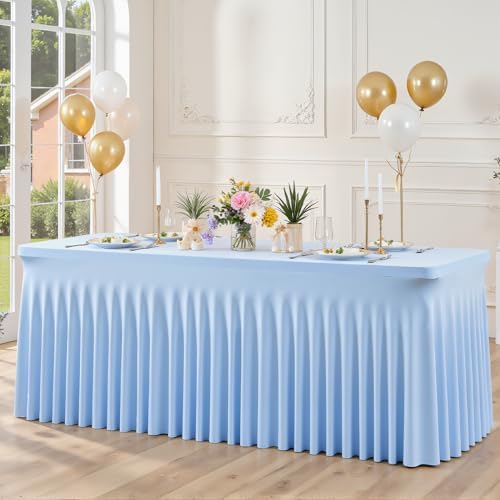 6ft Baby Blue Spandex Table Cloths for Rectangle Tables Wrinkle Free Tablecloth Rectangle Stretch Fitted 6 Foot Table Cover with Skirt for Baby Shower Boy Birthday Party Wedding Banquet Buffet by Suppromo
