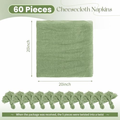 Cloth Napkins Set of 60 Sage Green Napkins 20x20inch Cheesecloth Napkin Rustic Boho Gauze Washable Dinner Napkin Cloth Bulk for Wedding Party Bridal Baby Shower Thanksgiving Table Decor - Image 2