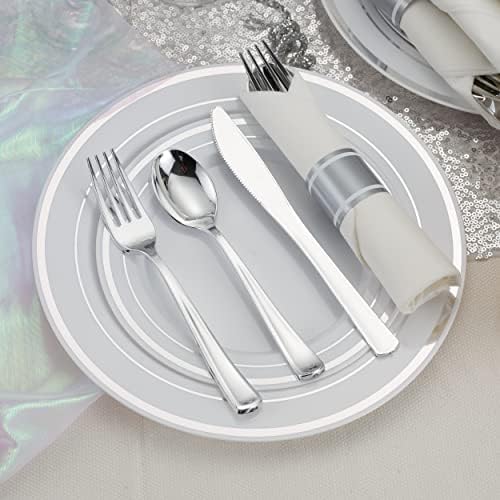50 Pack Pre Rolled Silver Plastic Silverware Set, Disposable Wrapped Plastic Cutlery Set (50 Forks, 50 Knives, 50 Spoons, 50 Napkins) for Wedding Party - Image 4