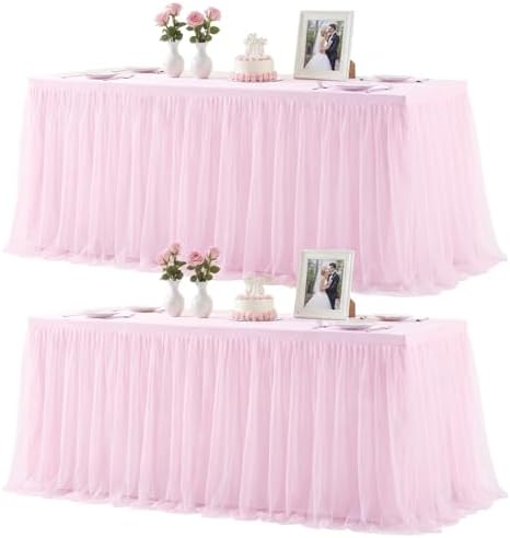 2 Pack Pink Tablecloths for 6 Foot Rectangle Tables Tulle Tablecloth Fitted Pink Table Cloth Rectangle 6ft Stretch Spandex Table Covers for Baby Shower Girls Birthday Party Banquet Desk Tables Skirt by HBBMAGIC