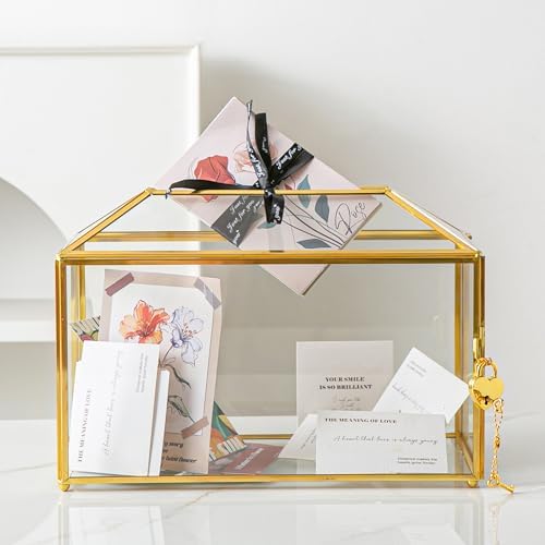 12.6" x 6" x 9" Wedding Card Box with Slot and Lock, Glass Card Holder for Party Reception, Centerpiece, Home Decorative, Gold (Glass Box Only) Slot Length 7.3 Inche - Image 2