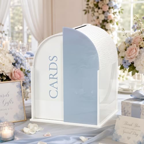 White Arched Wedding Card Box with Blue Standee & Erasable Pen for Party by OurWarm