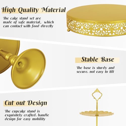 Fivenl 8 Pcs Cake Stand Gold Metal Dessert Table Display Set, 3-Tier Cupcake Stand, Cake Display Tower and Cookie Tray Rack Serving Tray for Birthday Party, Weddings, Baby Shower (Gold) - Image 3