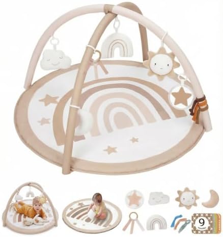 Little Dove Washable Tummy Time Mat, Baby Play Gym with 7 Detachable Toys and 12 Milestone Cards, Activity Mat for Newborn Infant, Baby Essentials Gift, Brown by LittleDove