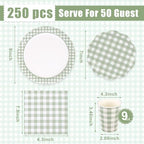 Funnymoom 250 Pcs Sage Green Gingham Paper Plates and Napkins Cups Serve 50 - Image 3