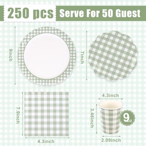 Funnymoom 250 Pcs Sage Green Gingham Paper Plates and Napkins Cups Serve 50 - Image 3