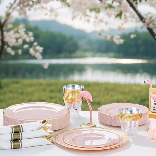 Hioasis 175 Pcs Pink and Gold Plastic Plates Wedding & Party - Image 5