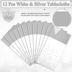 MASHAN 12Pcs White Silver Tablecloth Party Decorations,Plastic White Table Cloth Printed Silver Runner Disposable Rectangle Table Cover for Birthday Wedding Anniversary Graduation Party,54 x108 Inch - Image 2