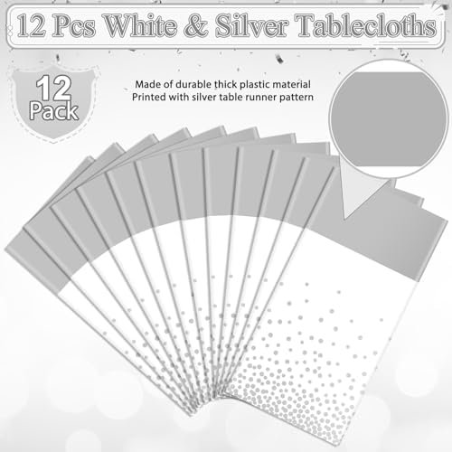 MASHAN 12Pcs White Silver Tablecloth Party Decorations,Plastic White Table Cloth Printed Silver Runner Disposable Rectangle Table Cover for Birthday Wedding Anniversary Graduation Party,54 x108 Inch - Image 2