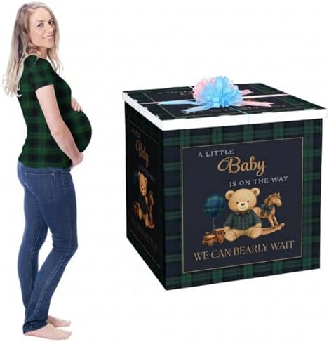 AmazingSpark 28in Giant Gender Reveal Gift Box with Lid Kit Oversized Gender Reveal Balloon Box Large Pull Bows for Baby Shower Birthday Party Decor(Tartan Plaid Bear) by Unknown