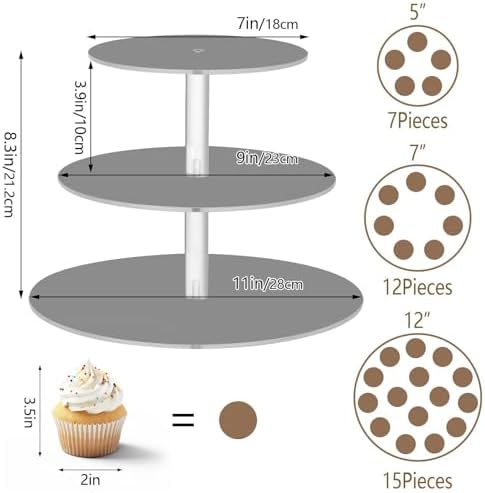 J JOYSAY Dark Gray Print Acrylic Cupcake Stand 3 Tier Dessert Table Display Set Clear Cake Stands for Wedding Baby Shower Party Decorations Easy Assembly Pastry Tower - Image 3