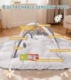 5-in-1 Baby Play Gym and Tummy Time Mat, 12 Learning Cards, Plush Activity Mat with 6 Toys, Baby Gym, Convertible to Ball Pit, Baby Gift, Grey - Image 3