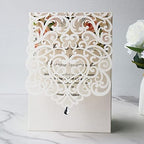 Hosmsua 50PCS White Wedding Invitations Kit 5 x 7.3 Inch Laser Cut Hollow Rose Rhinestone Pocket with Envelope for Quinceanera Bridal Shower Invite (White Ivory) - Image 6