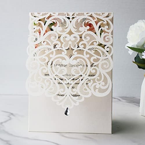 Hosmsua 50PCS White Wedding Invitations Kit 5 x 7.3 Inch Laser Cut Hollow Rose Rhinestone Pocket with Envelope for Quinceanera Bridal Shower Invite (White Ivory) - Image 6