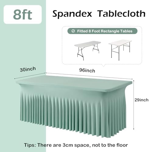 NSSONBEN 2 pk Sage Green Spandex Tablecloth for 8 Foot Rectangle Tables,Wrinkle Free Fitted Spandex Table Covers 8ft Stretch Table Cloths with Ruffle Skirt for Parties Weddings Banquet Baby Shower - Image 3